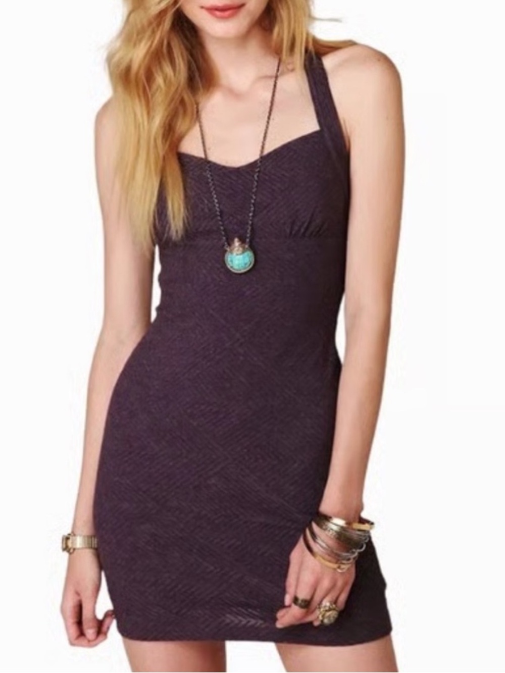 Free People Dusty Purple Brushed Jacquard Bodycon Halter Mini Dress, M